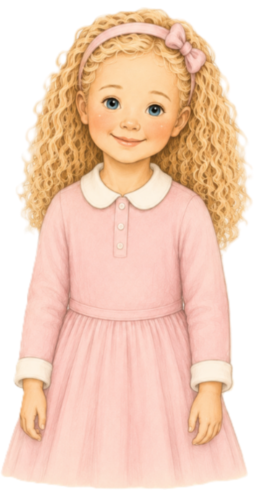 Rikki Rose, a young girl with curly blonde hair, a pink headband and a pink dress